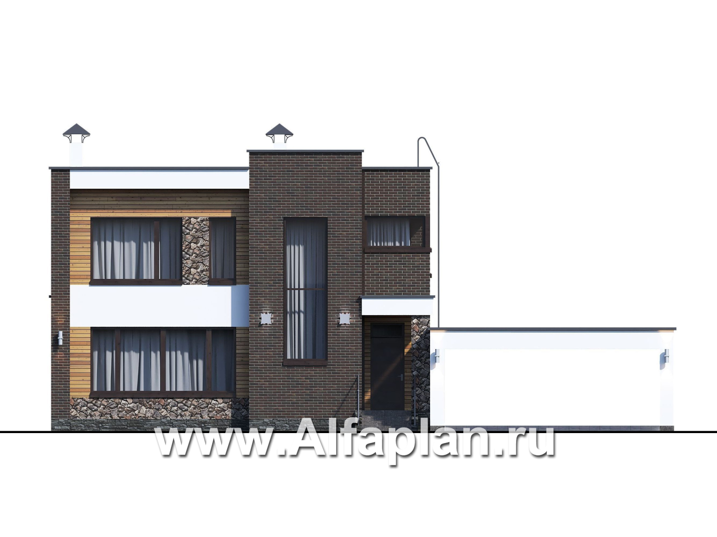 «Эрго» - проект двухэтажного дома с плоской кровлей 10х10м, с навесом на 2 авто - фасад дома