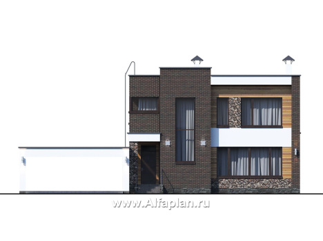 «Эрго» - проект двухэтажного дома с плоской кровлей 10х10м, с навесом на 2 авто - превью фасада дома