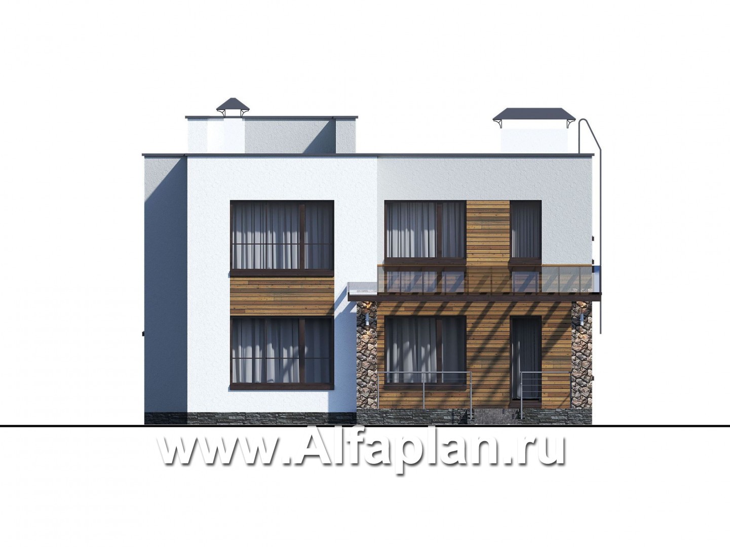 Проекты домов Альфаплан - «Престиж» - проект двухэтажного дома, в стиле хай-тек, с террасой и с плоской кровлей - изображение фасада №3