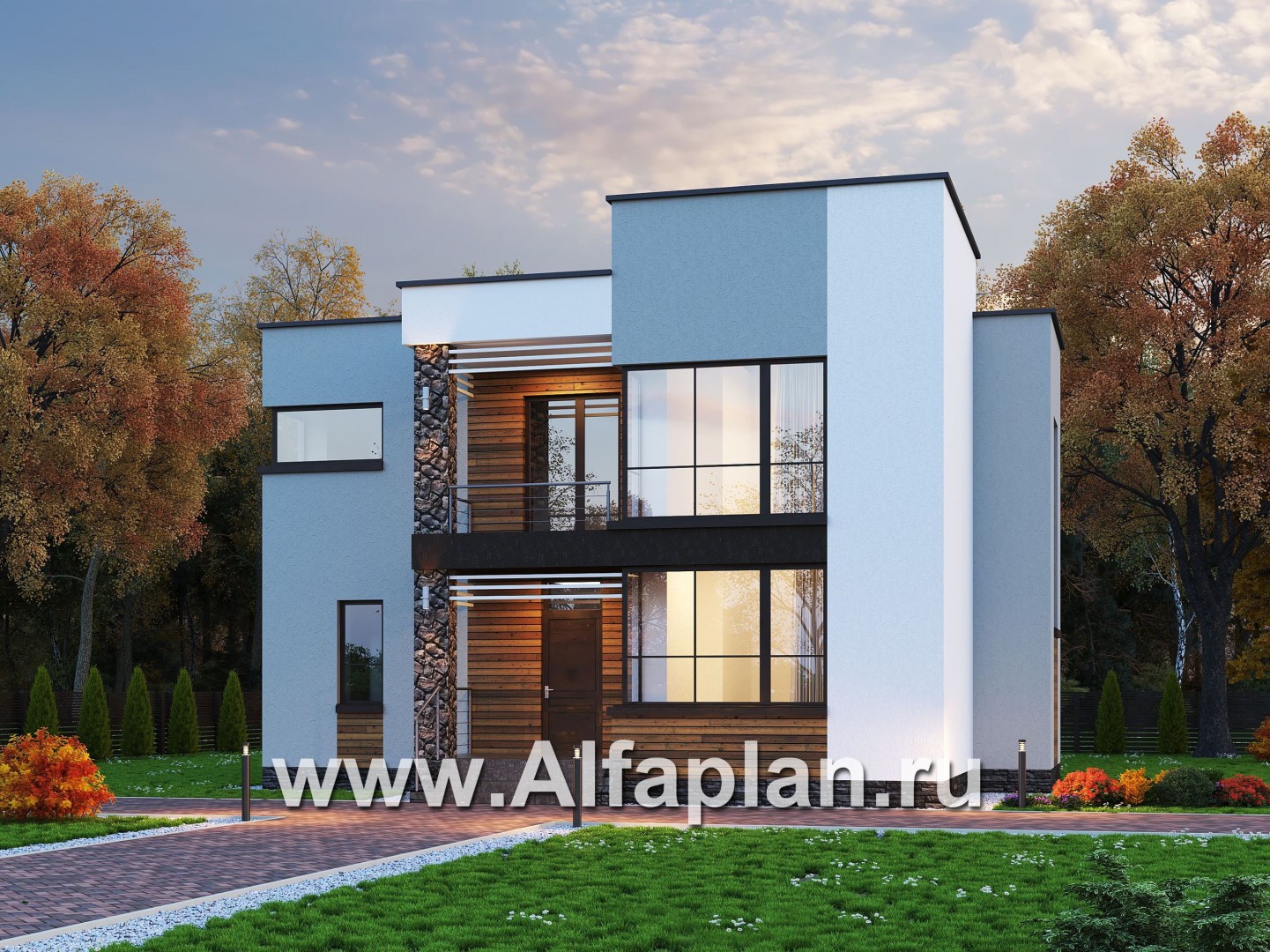 Проекты домов Альфаплан - «Престиж» - проект двухэтажного дома, в стиле хай-тек, с террасой и с плоской кровлей - основное изображение