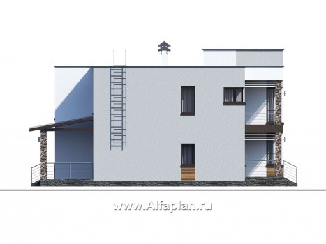 Проекты домов Альфаплан - «Престиж» - проект двухэтажного дома, в стиле хай-тек, с террасой и с плоской кровлей - превью фасада №2