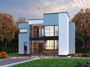 Проекты домов Альфаплан - «Престиж» - проект двухэтажного дома, в стиле хай-тек, с террасой и с плоской кровлей - превью основного изображения