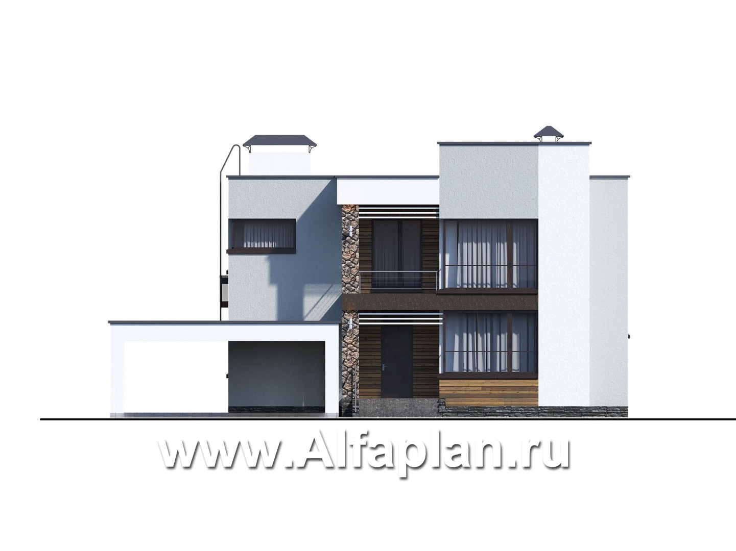 Проекты домов Альфаплан - «Престиж» - проект двухэтажного дома, в стиле хай-тек, с террасой и с плоской кровлей, с навесом на 2 авто - изображение фасада №1