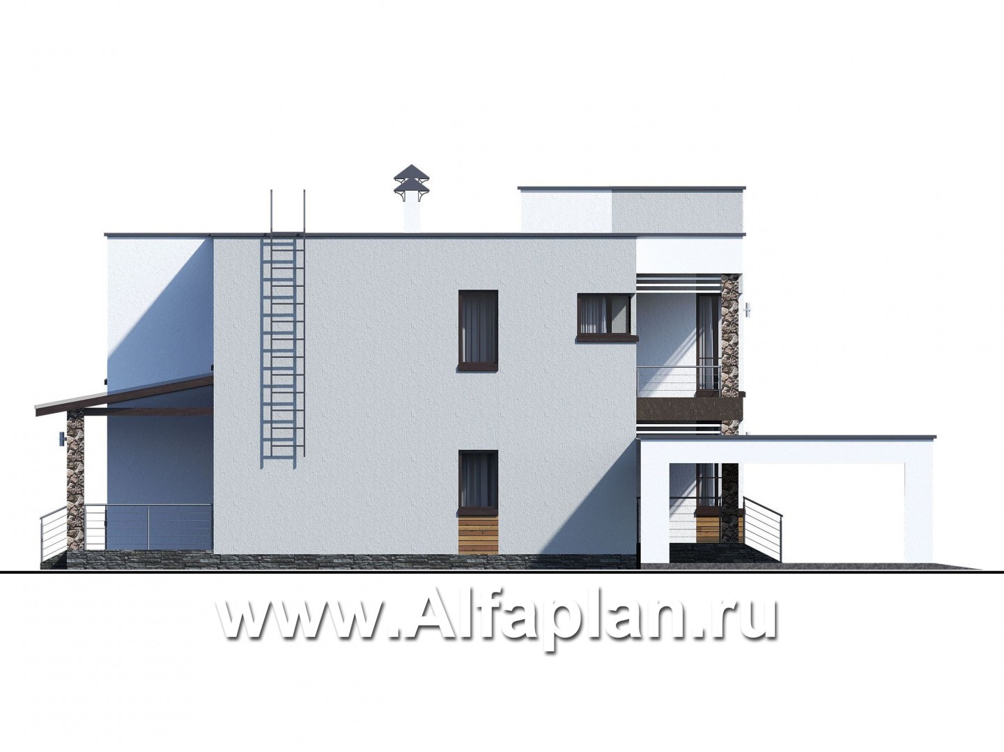 Проекты домов Альфаплан - «Престиж» - проект удобного и просторного дома с плоской кровлей, и гаражом-навесом - изображение фасада №2