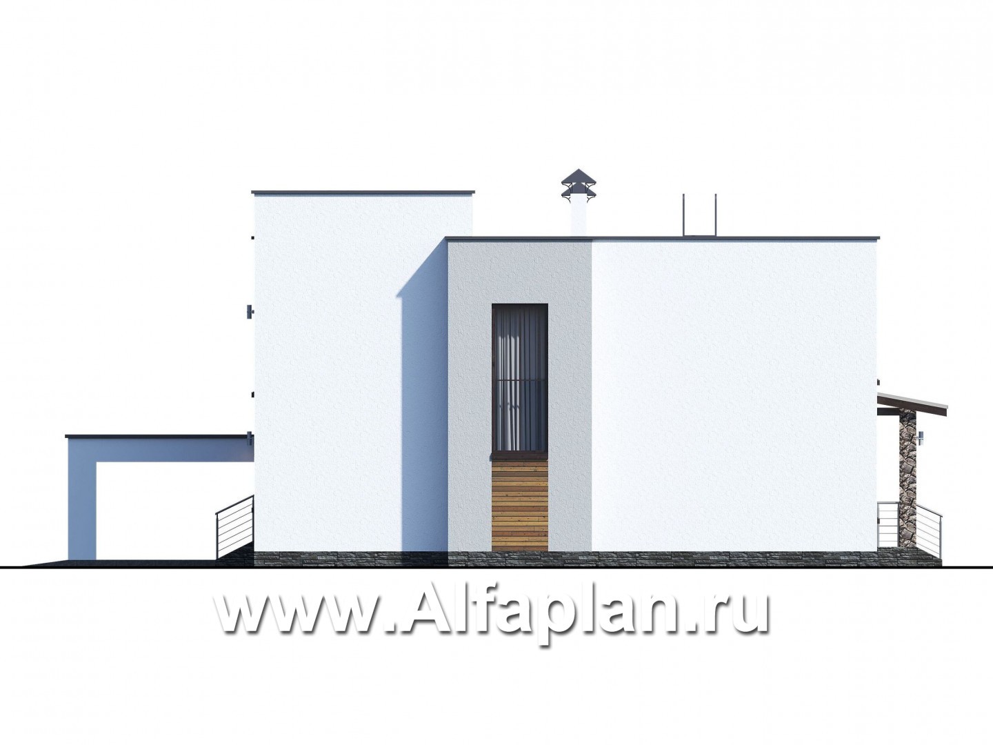 Проекты домов Альфаплан - «Престиж» - проект двухэтажного дома, в стиле хай-тек, с террасой и с плоской кровлей, с навесом на 2 авто - изображение фасада №4