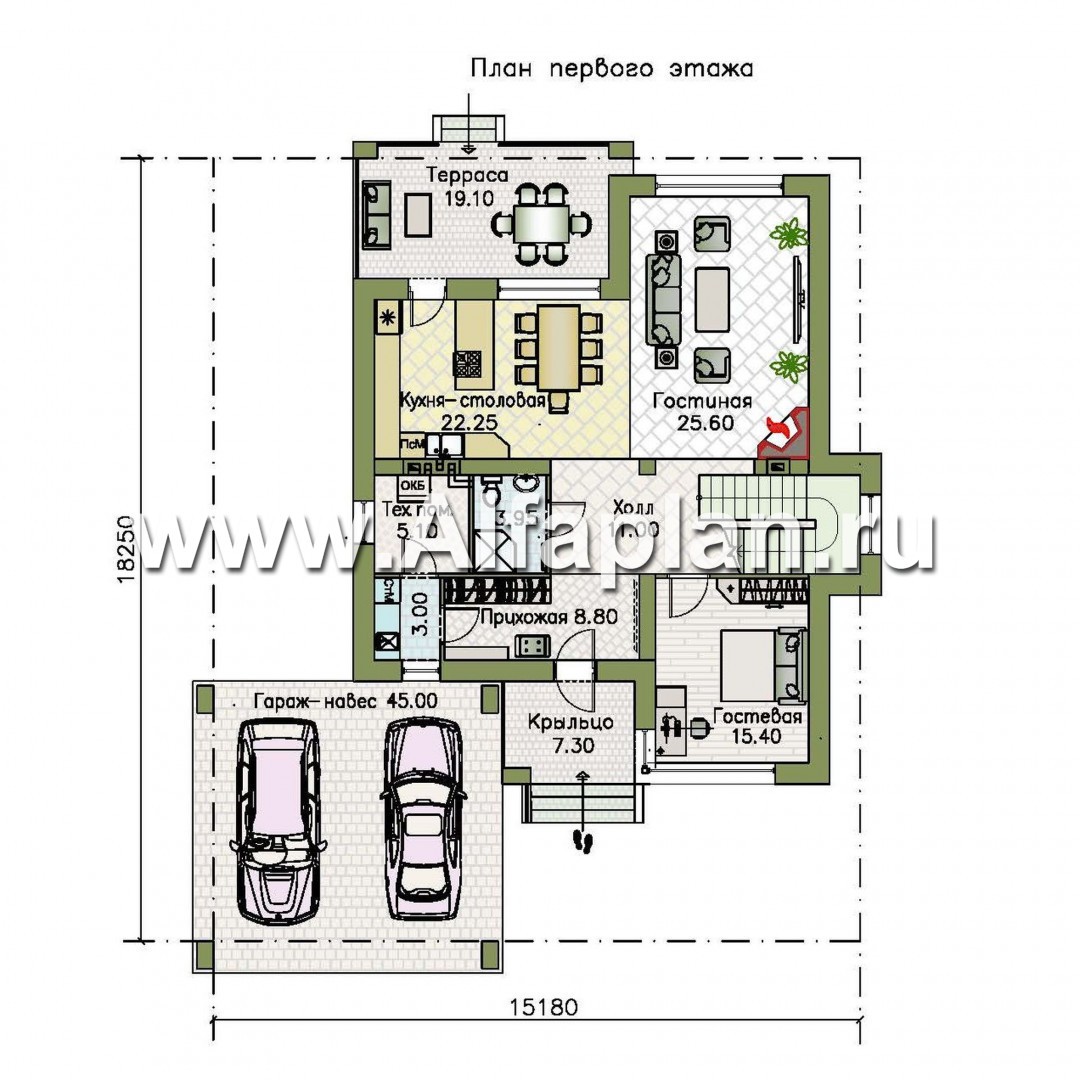 Проекты домов Альфаплан - «Престиж» - проект двухэтажного дома, в стиле хай-тек, с террасой и с плоской кровлей, с навесом на 2 авто - план проекта №1