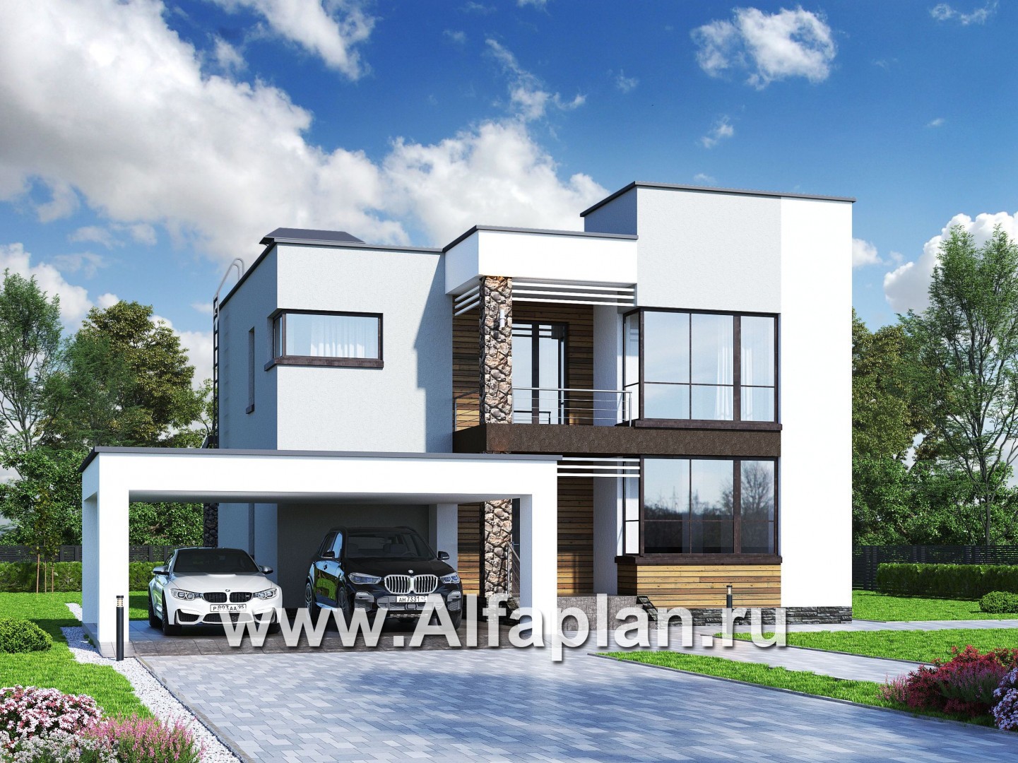 Проекты домов Альфаплан - «Престиж» - проект двухэтажного дома, в стиле хай-тек, с террасой и с плоской кровлей, с навесом на 2 авто - основное изображение