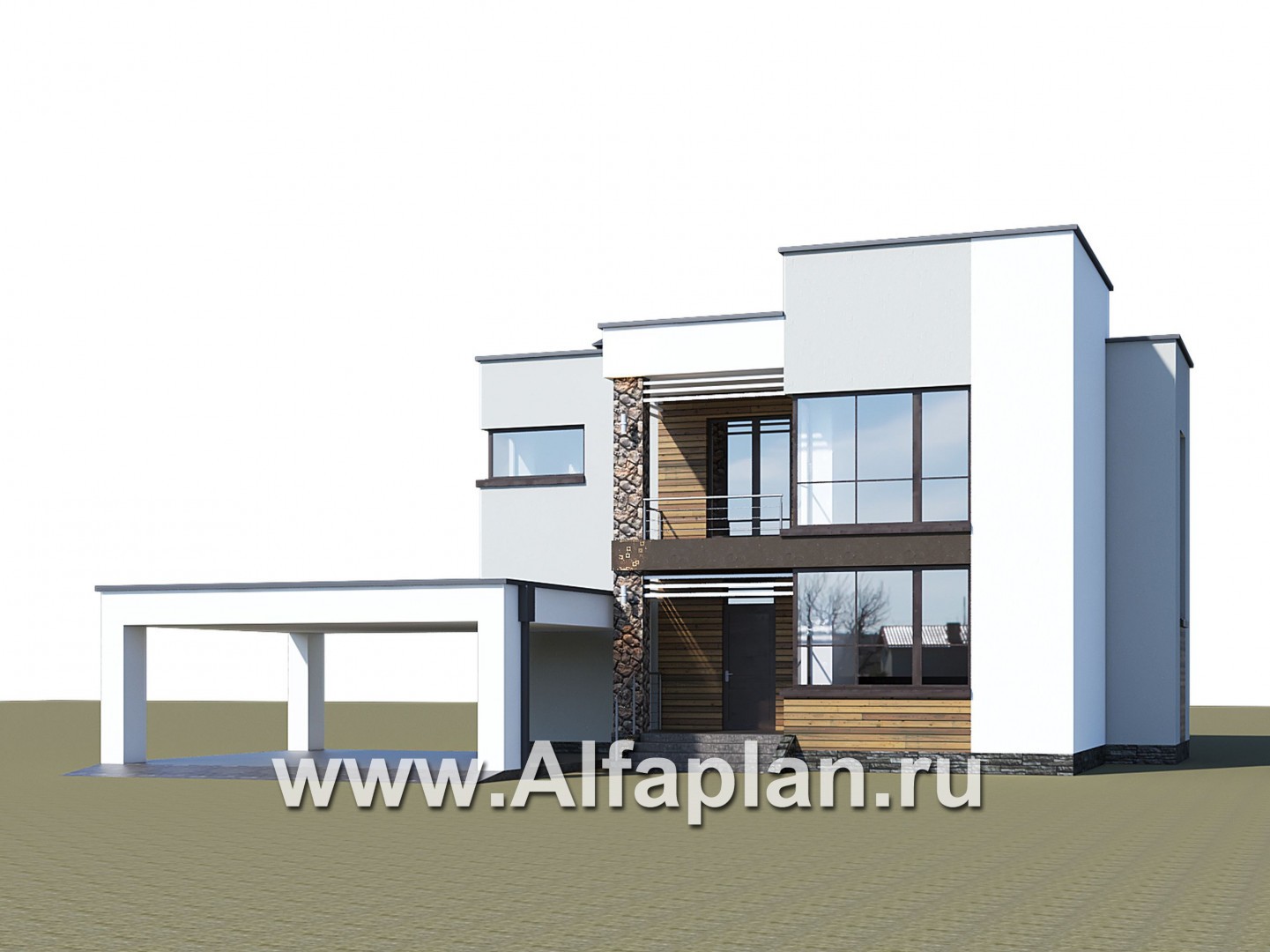 Проекты домов Альфаплан - «Престиж» - проект двухэтажного дома, в стиле хай-тек, с террасой и с плоской кровлей, с навесом на 2 авто - дополнительное изображение №1