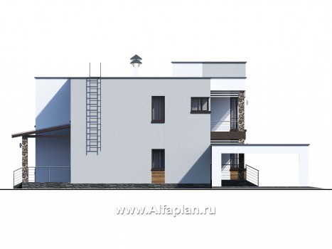 Проекты домов Альфаплан - «Престиж» - проект двухэтажного дома, в стиле хай-тек, с террасой и с плоской кровлей, с навесом на 2 авто - превью фасада №2