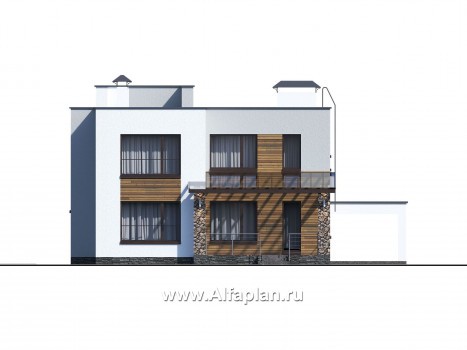 Проекты домов Альфаплан - «Престиж» - проект двухэтажного дома, в стиле хай-тек, с террасой и с плоской кровлей, с навесом на 2 авто - превью фасада №3