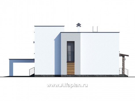 Проекты домов Альфаплан - «Престиж» - проект двухэтажного дома, в стиле хай-тек, с террасой и с плоской кровлей, с навесом на 2 авто - превью фасада №4