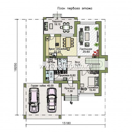 Проекты домов Альфаплан - «Престиж» - проект двухэтажного дома, в стиле хай-тек, с террасой и с плоской кровлей, с навесом на 2 авто - превью плана проекта №1