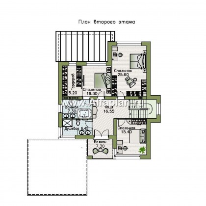 Проекты домов Альфаплан - «Престиж» - проект двухэтажного дома, в стиле хай-тек, с террасой и с плоской кровлей, с навесом на 2 авто - превью плана проекта №2