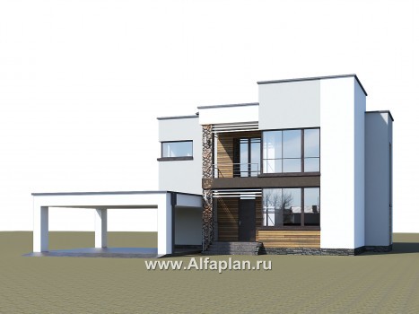 Проекты домов Альфаплан - «Престиж» - проект двухэтажного дома, в стиле хай-тек, с террасой и с плоской кровлей, с навесом на 2 авто - превью дополнительного изображения №1