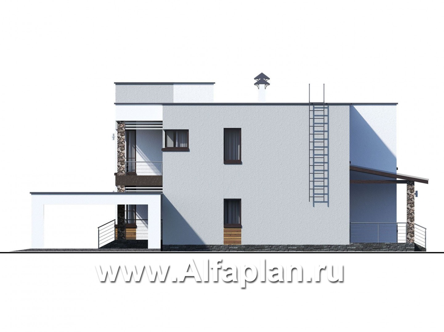 Проекты домов Альфаплан - «Престиж» - проект двухэтажного дома, в стиле хай-тек, с террасой и с плоской кровлей, с навесом на 2 авто - изображение фасада №2
