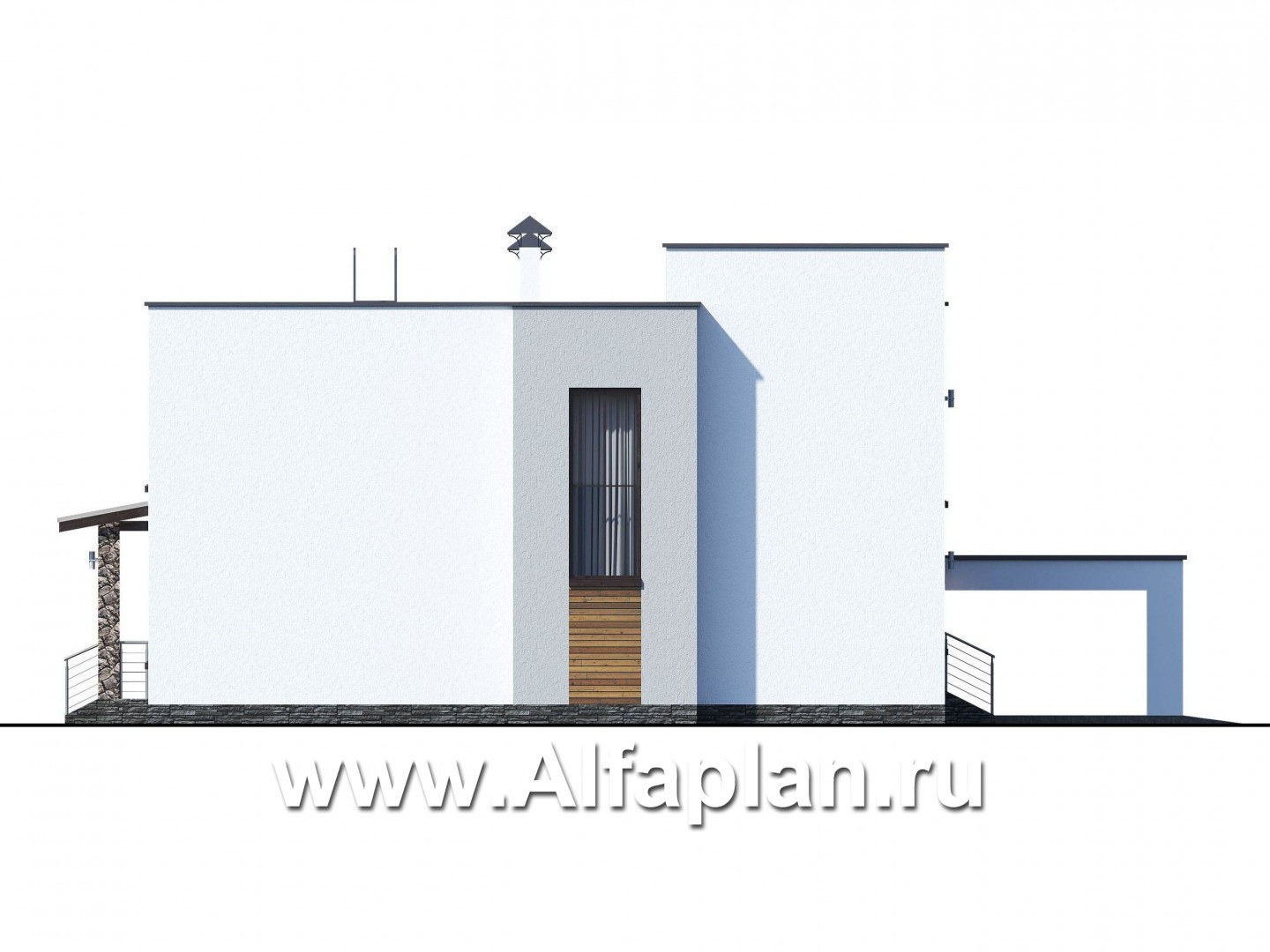 Проекты домов Альфаплан - «Престиж» - проект двухэтажного дома, в стиле хай-тек, с террасой и с плоской кровлей, с навесом на 2 авто - изображение фасада №4