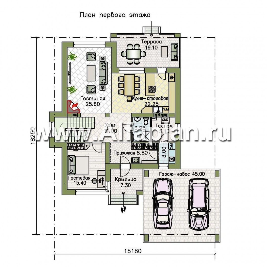 Проекты домов Альфаплан - «Престиж» - проект двухэтажного дома, в стиле хай-тек, с террасой и с плоской кровлей, с навесом на 2 авто - план проекта №1