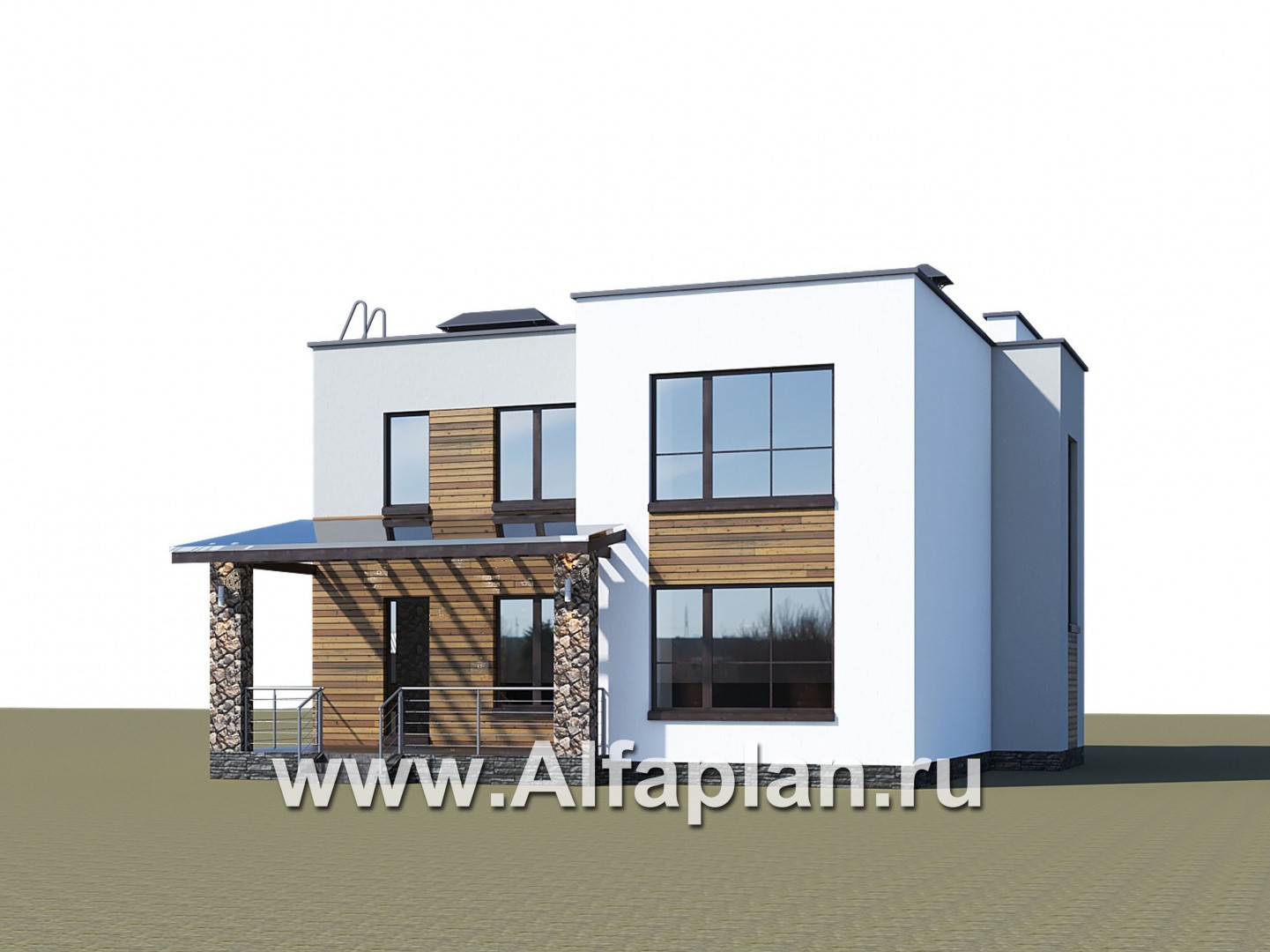 Проекты домов Альфаплан - «Престиж» - проект двухэтажного дома, в стиле хай-тек, с террасой и с плоской кровлей, с навесом на 2 авто - дополнительное изображение №2
