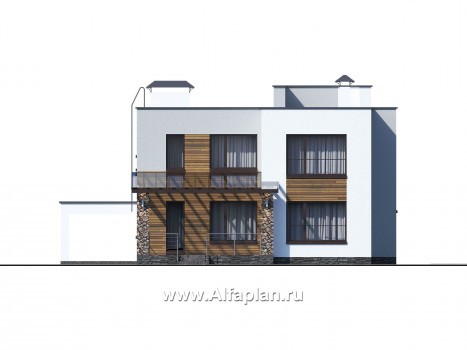 Проекты домов Альфаплан - «Престиж» - проект двухэтажного дома, в стиле хай-тек, с террасой и с плоской кровлей, с навесом на 2 авто - превью фасада №3