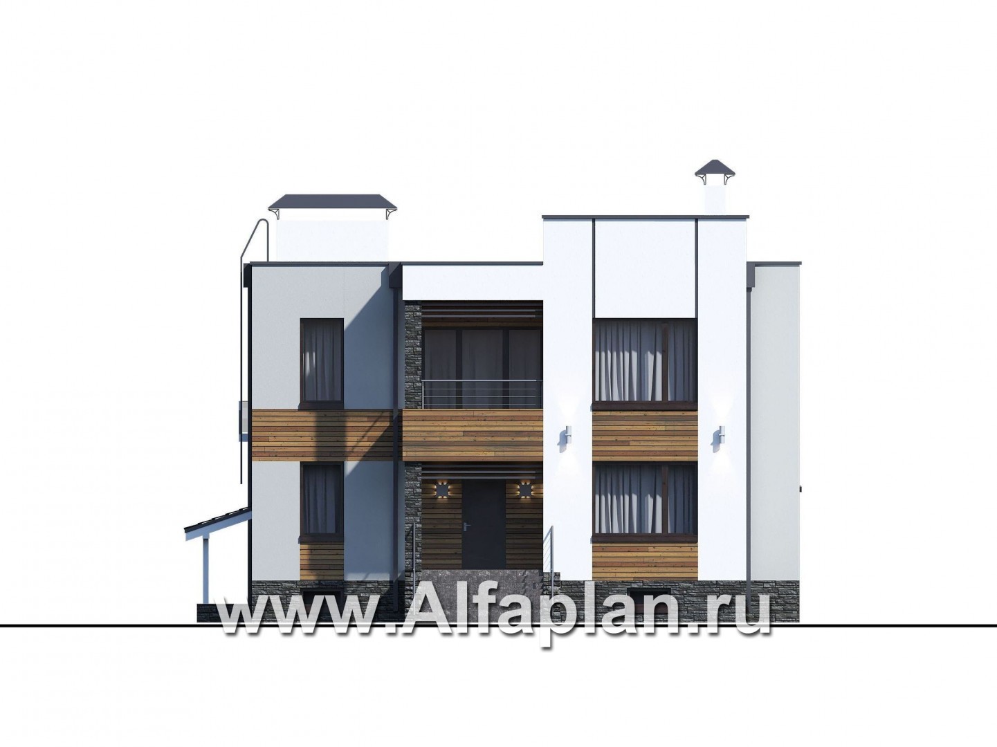 Проекты домов Альфаплан - «Престиж» - проект удобного и просторного дома с плоской кровлей, и с цокольным этажом - изображение фасада №1