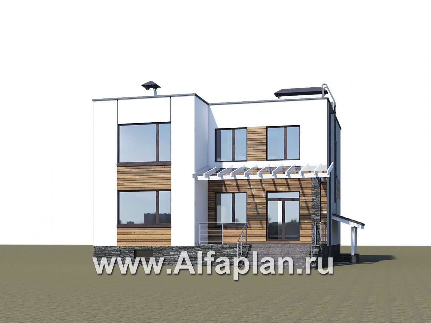 «Престиж» - проект двухэтажного дома, в стиле хай-тек, с террасой и с плоской кровлей, с цокольным этажом - дизайн дома №2