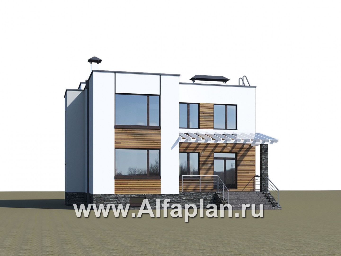 «Престиж» - проект двухэтажного дома, в стиле хай-тек, с террасой и с плоской кровлей, с цокольным этажом - дизайн дома №3