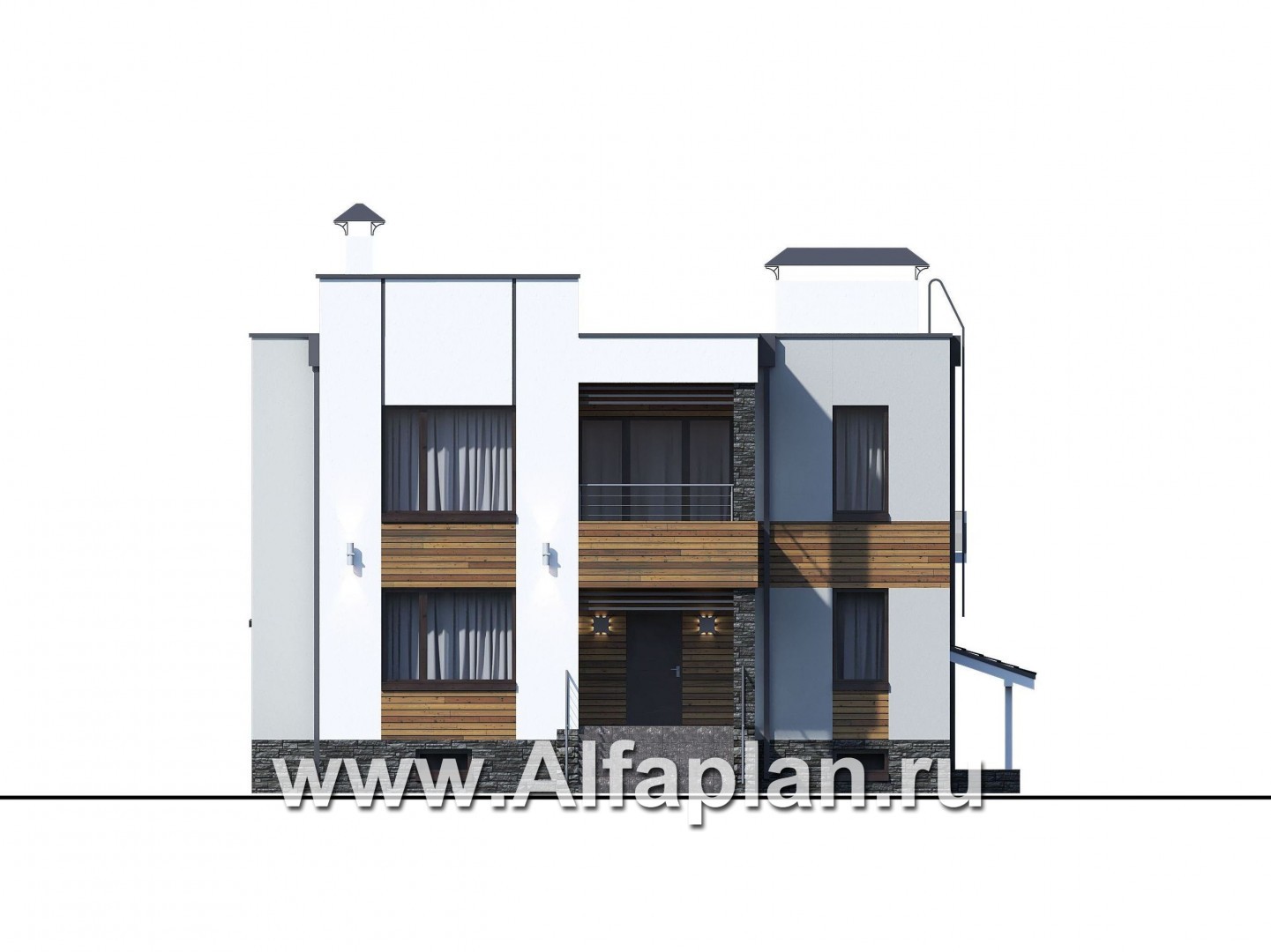 Проекты домов Альфаплан - «Престиж» - проект двухэтажного дома, в стиле хай-тек, с террасой и с плоской кровлей, с цокольным этажом - изображение фасада №1