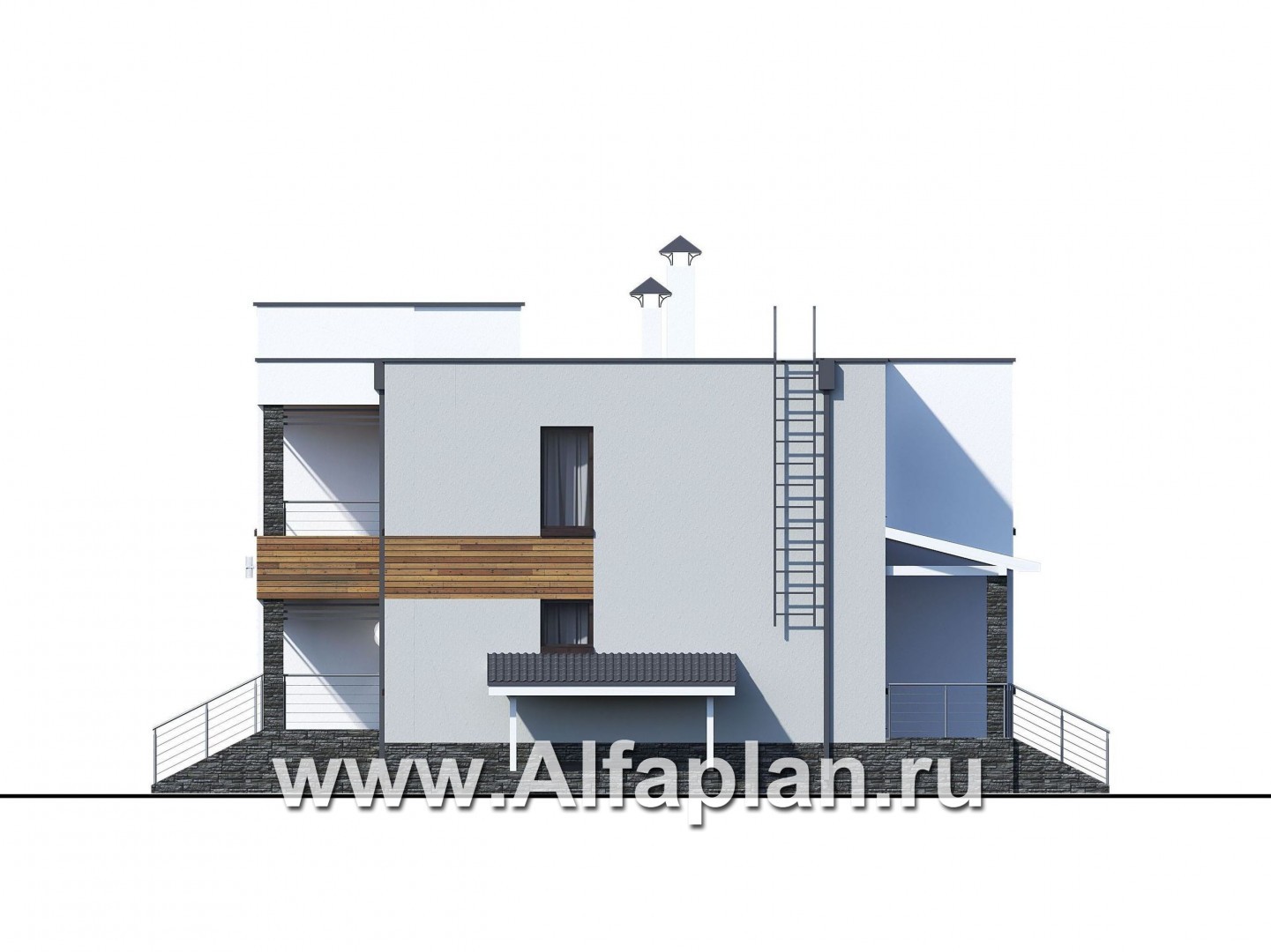 Проекты домов Альфаплан - «Престиж» - проект двухэтажного дома, в стиле хай-тек, с террасой и с плоской кровлей, с цокольным этажом - изображение фасада №2