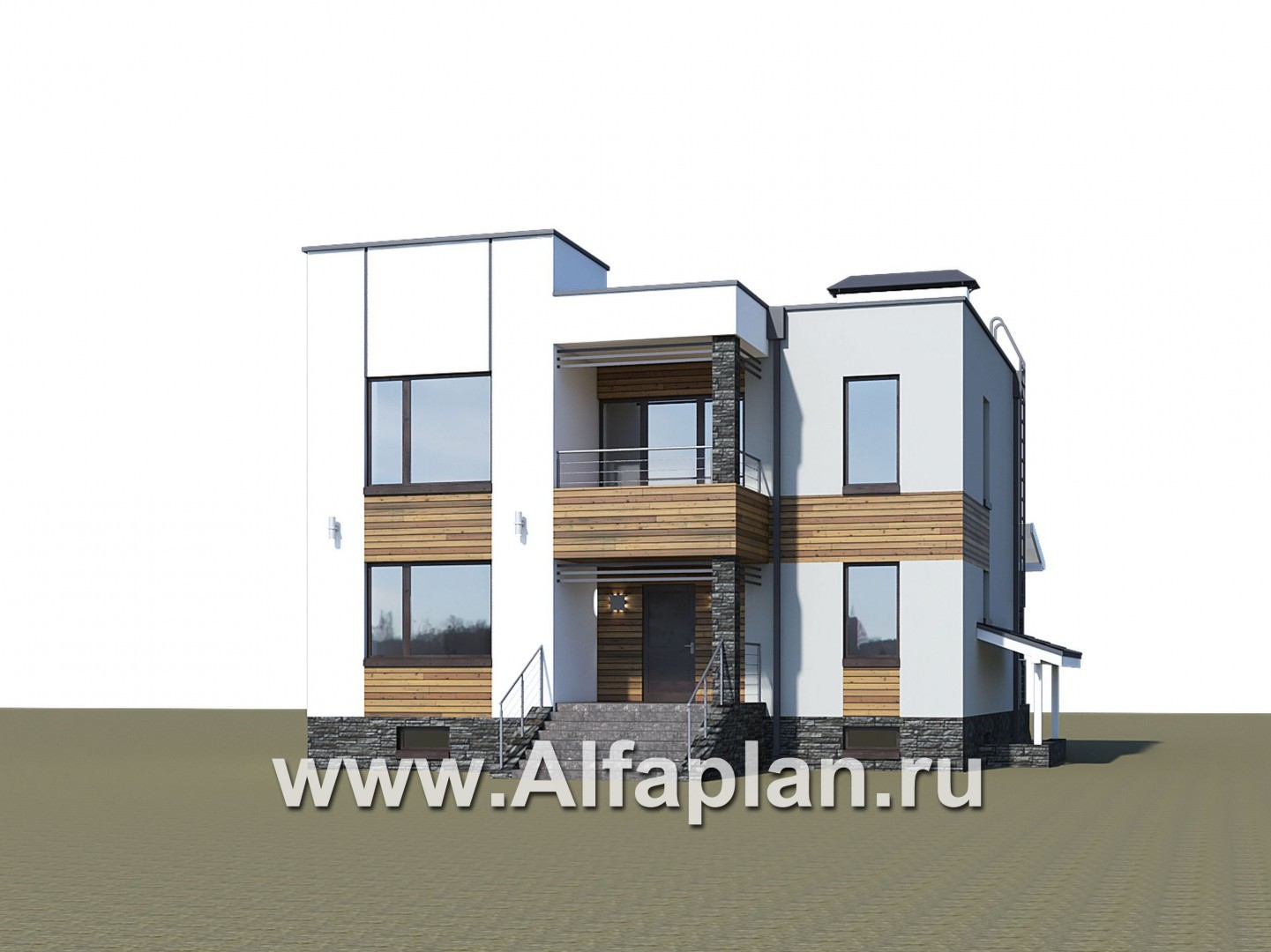 Проекты домов Альфаплан - «Престиж» - проект двухэтажного дома, в стиле хай-тек, с террасой и с плоской кровлей, с цокольным этажом - дополнительное изображение №1