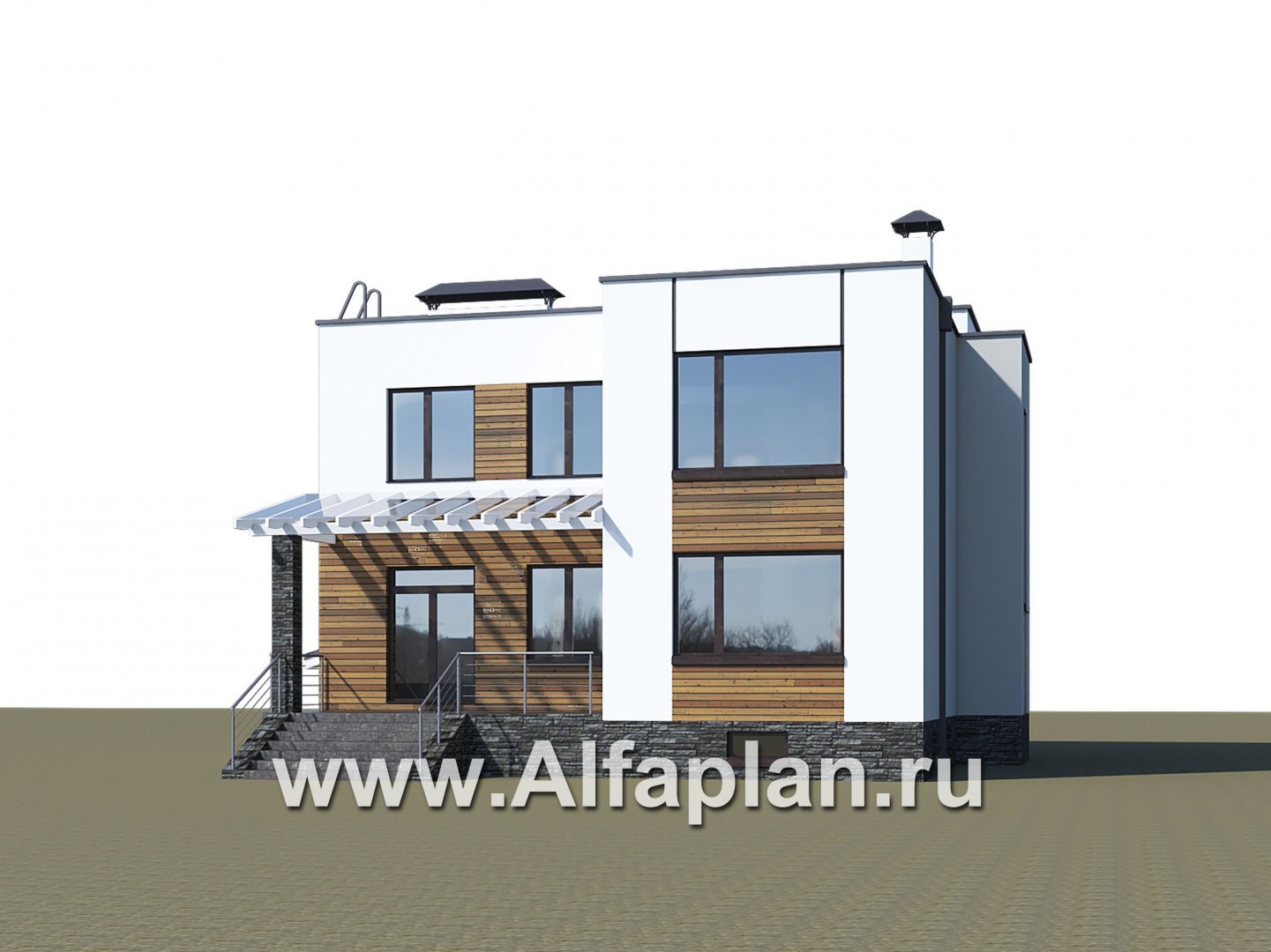 Проекты домов Альфаплан - «Престиж» - проект двухэтажного дома, в стиле хай-тек, с террасой и с плоской кровлей, с цокольным этажом - дополнительное изображение №3