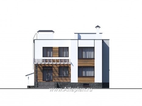 Проекты домов Альфаплан - «Престиж» - проект двухэтажного дома, в стиле хай-тек, с террасой и с плоской кровлей, с цокольным этажом - превью фасада №3