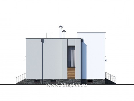 Проекты домов Альфаплан - «Престиж» - проект двухэтажного дома, в стиле хай-тек, с террасой и с плоской кровлей, с цокольным этажом - превью фасада №4
