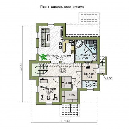 Проекты домов Альфаплан - «Престиж» - проект двухэтажного дома, в стиле хай-тек, с террасой и с плоской кровлей, с цокольным этажом - превью плана проекта №1