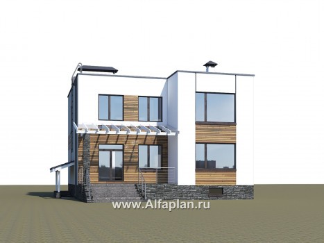 Проекты домов Альфаплан - «Престиж» - проект двухэтажного дома, в стиле хай-тек, с террасой и с плоской кровлей, с цокольным этажом - превью дополнительного изображения №2