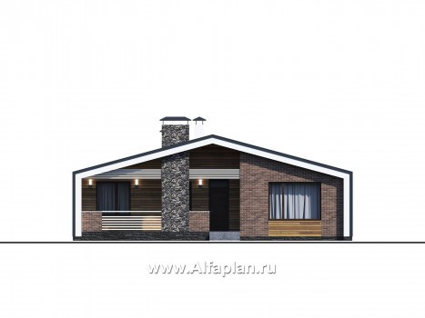 Проекты домов Альфаплан - «Веда» - проект одноэтажного дома с сауной, с террасой, в стиле барн - превью фасада №1