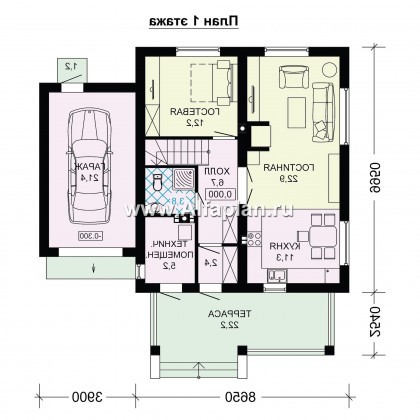 Проект дома с мансардой, планировка с террасой со стороны входа и кабинетом на 1 эт, с гаражом на 1 авто - превью план дома