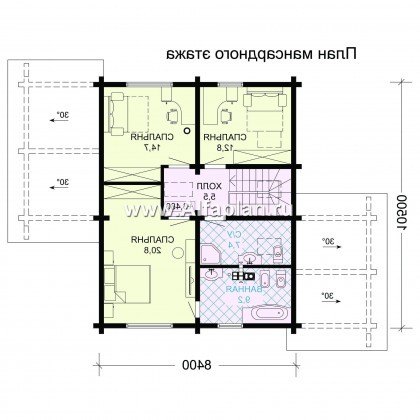 Проект двухэтажного дома из бруса, планировка с кабинетом и с двумя террасами, в современном стиле - превью план дома