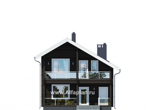 Проект двухэтажного дома из бруса, планировка с кабинетом и с террасой со стороны входа и балконом, в современном стиле - превью фасада дома