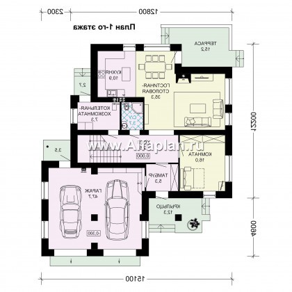 Проект двухэтажного коттеджа, планировка с кабинетом и с гаражом на 2 авто, с террасой, в современном стиле - превью план дома