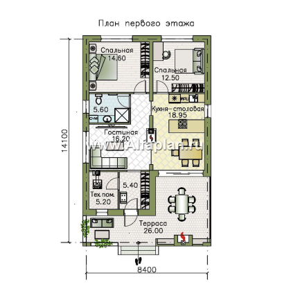 «Родия» - проект одноэтажного дома, 2 спальни, с террасой и двускатной крышей, в скандинавском стиле - превью план дома