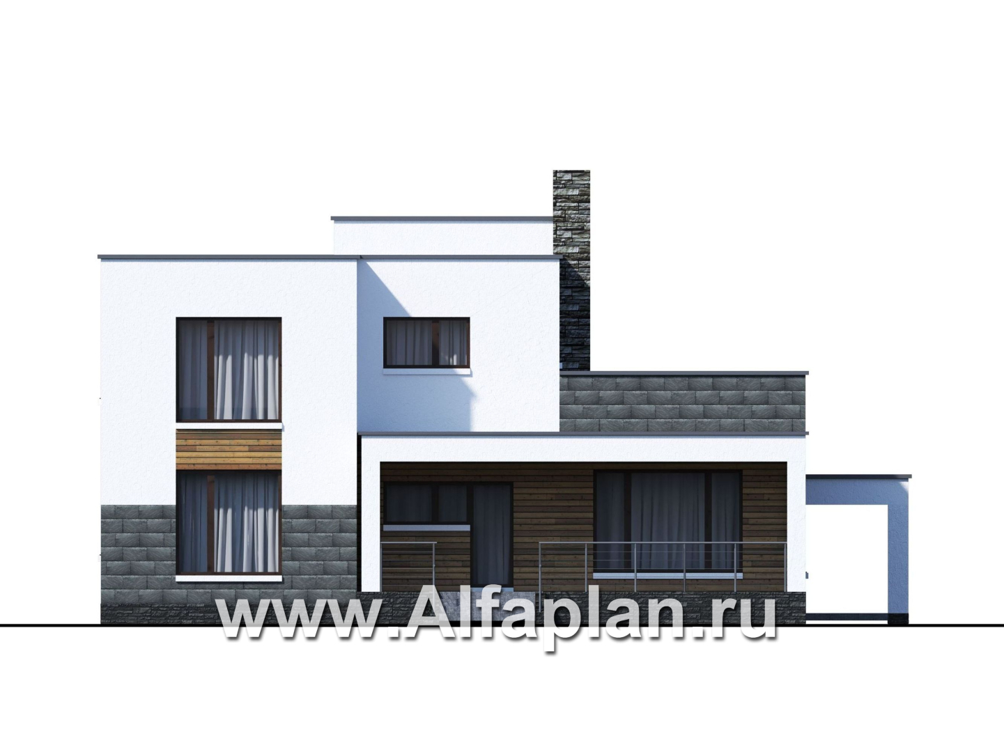 Проекты домов Альфаплан - «Футура» - современный двухэтажный дом с плоской кровлей и гаражом-навесом - изображение фасада №4