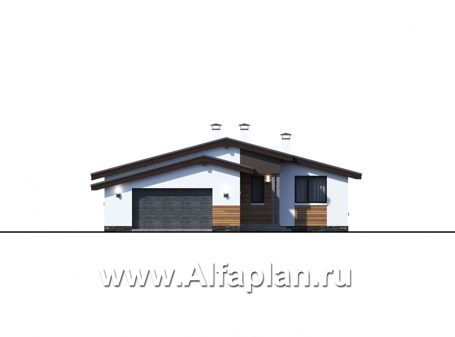 Проекты домов Альфаплан - «Калисто» - проект одноэтажного дома,  в скандинавском стиле, с гаражом на 2 авто - изображение фасада №1