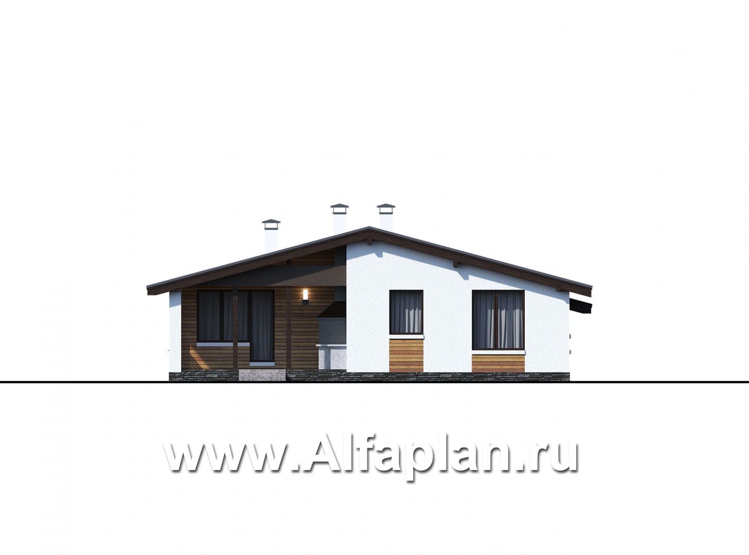 Проекты домов Альфаплан - «Калисто» - проект одноэтажного дома,  в скандинавском стиле, с гаражом на 2 авто - изображение фасада №3