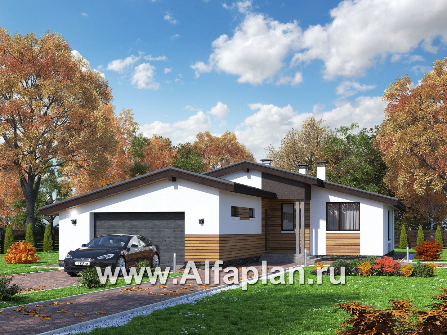 Проекты домов Альфаплан - «Калисто» - проект одноэтажного дома,  в скандинавском стиле, с гаражом на 2 авто - основное изображение