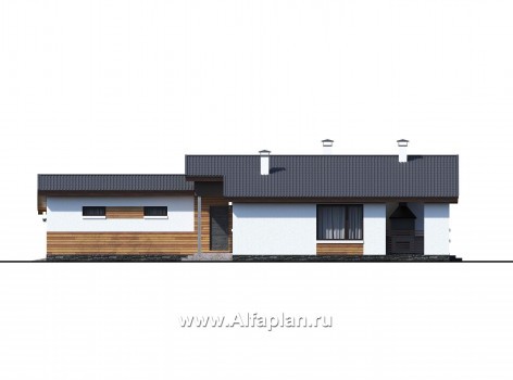 Проекты домов Альфаплан - «Калисто» - проект одноэтажного дома,  в скандинавском стиле, с гаражом на 2 авто - превью фасада №2