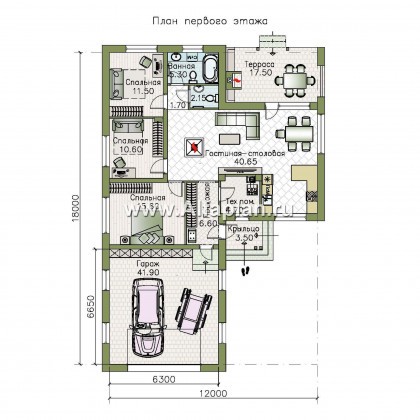 Проекты домов Альфаплан - «Калисто» - проект одноэтажного дома,  в скандинавском стиле, с гаражом на 2 авто - превью плана проекта №1