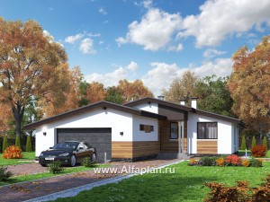 Проекты домов Альфаплан - «Калисто» - проект одноэтажного дома,  в скандинавском стиле, с гаражом на 2 авто - превью основного изображения