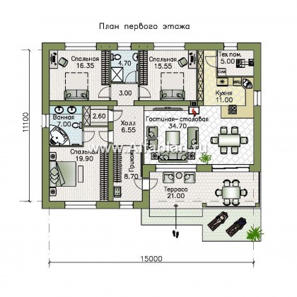 Проекты домов Альфаплан - "Гравитация" - проект одноэтажного дома с тремя спальнями - превью плана проекта №1
