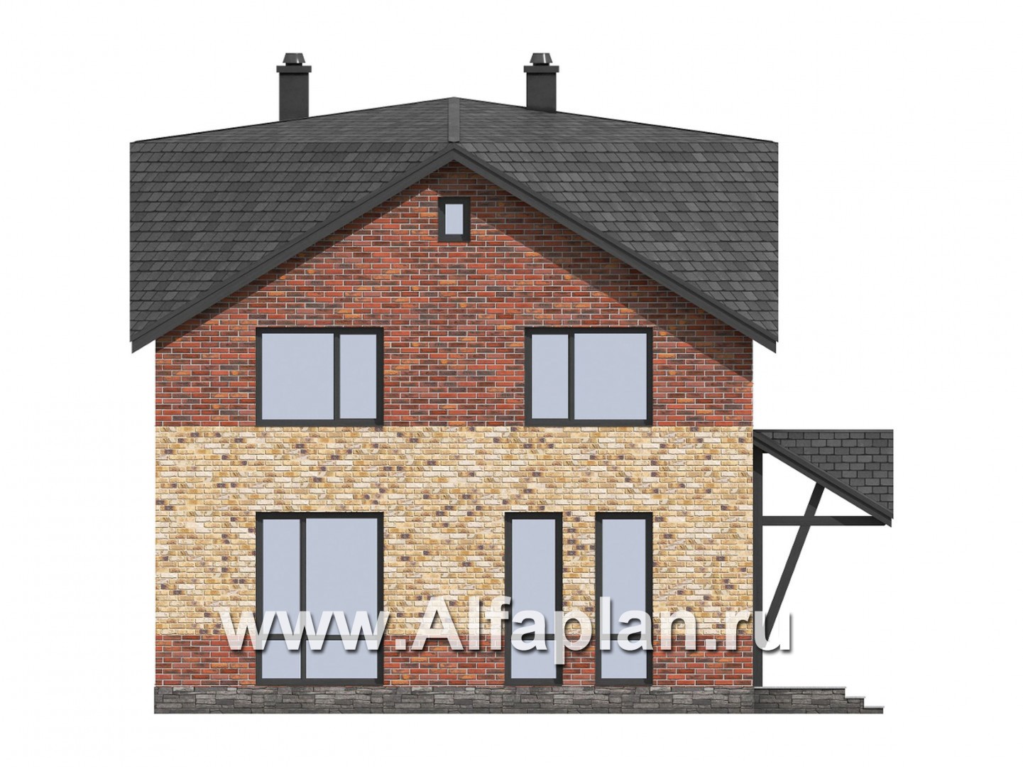 Проект двухэтажного дома, с кабинетом на 1 эт и с террасой, для маленького  участка, с шатровой крышей - фасад дома