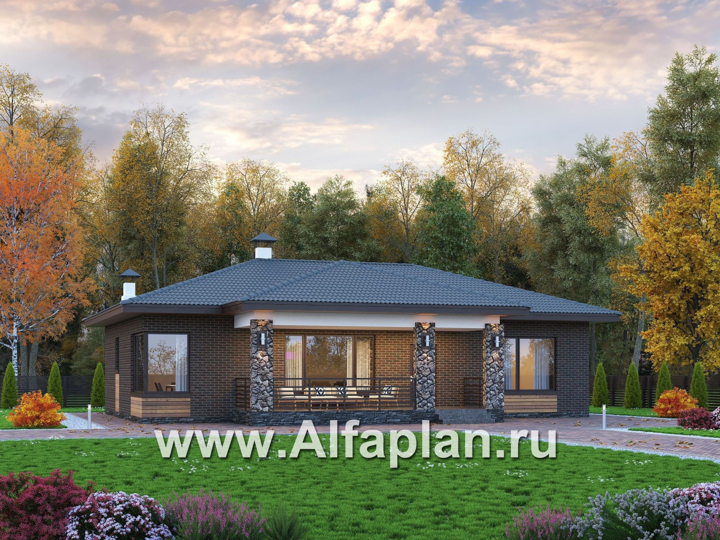 Проекты домов Альфаплан - Проект компактного одноэтажного дома с тремя спальнями - основное изображение